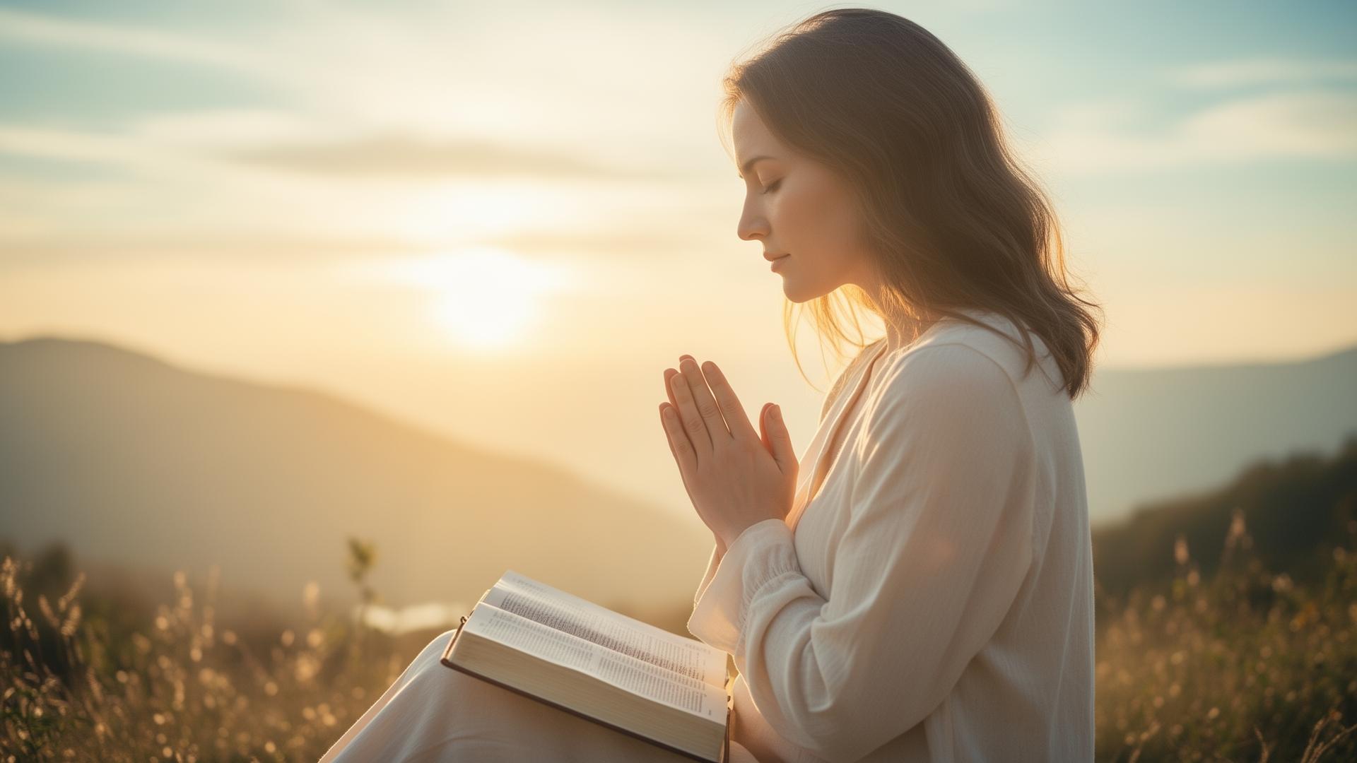 Mulher orando com Bíblia aberta ao nascer do sol